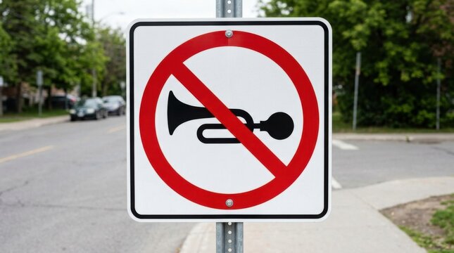 No Honking Sign On Pole On Street With Cars In Background