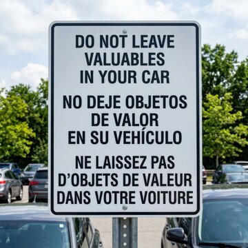 Multilingual Parking Lot Sign Cautioning Against Leaving Valuables In Cars