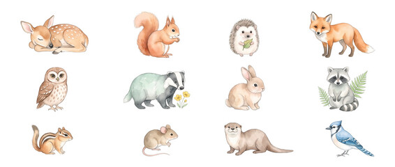 Fototapeta premium Cute woodland animals watercolor set featuring fox, deer, owl, squirrel, rabbit, badger, otter, raccoon, chipmunk, hedgehog, mouse, and bird clipart isolated on black background for nursery design.