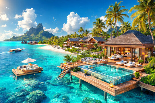 Overwater wooden bungalows with thatched roofs on turquoise lagoon and tropical island beach