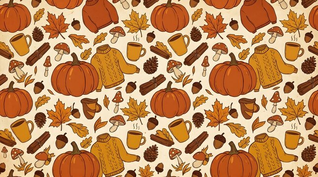 Cozy Autumn Pattern with Pumpkins Leaves Sweaters and Coffee