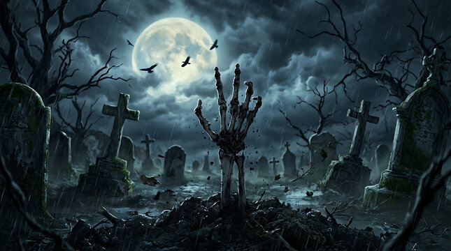 Skeletal arm clawing from dirt in a spooky graveyard under a full moon for Halloween