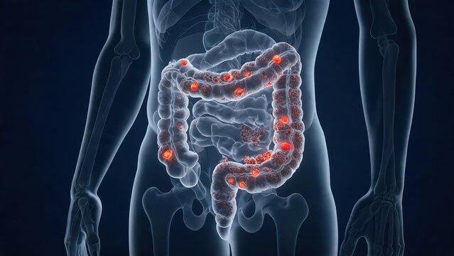 3D transparent anatomical diagram of human colon and rectum, colorectal cancer and tumor lesions, professional medical scientific rendering art