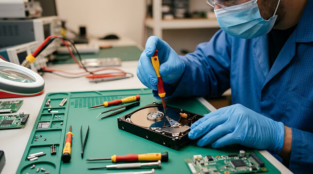 Technician repairing a computer hard drive in a modern electronics workshop