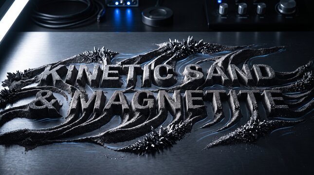 3D kinetic sand and magnetite typography forming words on a metal surface in a dark lab setting.
