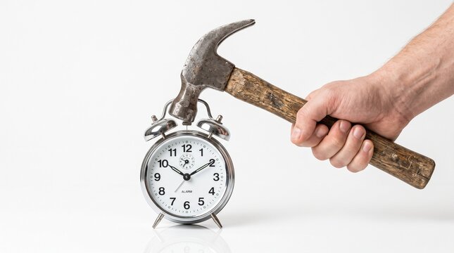 Vintage alarm clock being hit by a hammer, hand smashing silver metal clock on white background, concept of time management and stress