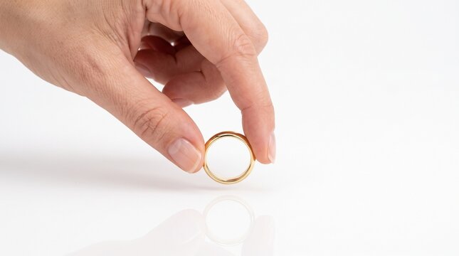 Gold wedding ring held by hand on white background, elegant bridal jewelry for marriage concept, classic golden band for engagement and divorce