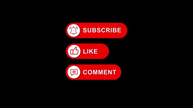 youtube subscribe, like, comment pop up animation on black background