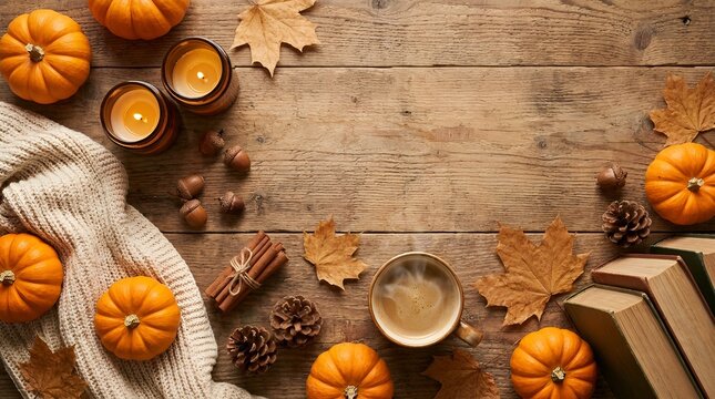 Cozy Autumn Flat Lay With Pumpkins and Coffee