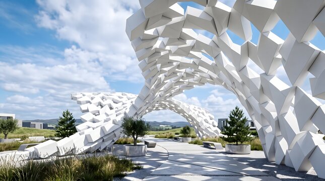 White geometric abstract architectural archway in a modern outdoor park