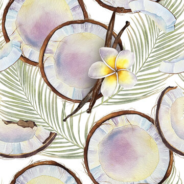 Watercolor seamless pattern with coconut, plumeria, vanilla and palm leaves in tropical style. Illustration for cosmetics, packaging, textile, spa products and summer decor.