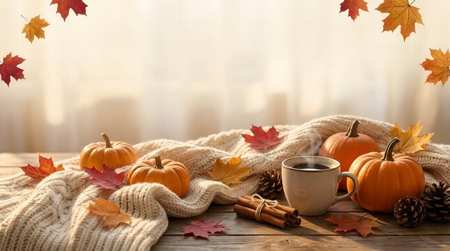 Cozy Autumn Coffee With Pumpkins Background
