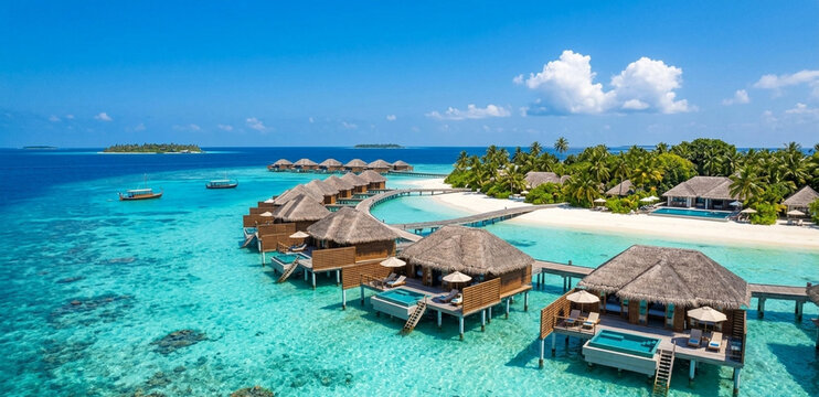 Overwater wooden bungalows with thatched roofs on turquoise lagoon and tropical island beach