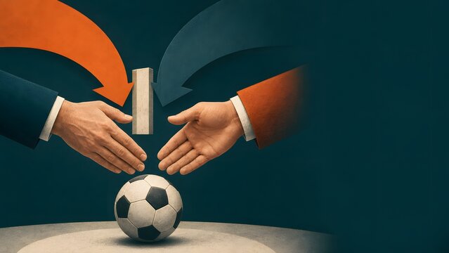 sports football transfer exchange blocked by a barrier between two reaching hands


