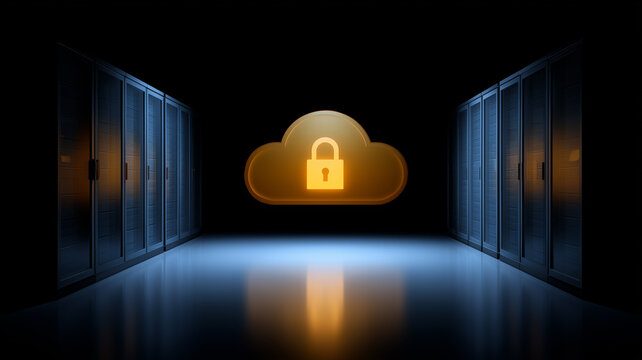 Locked cloud between server racks representing secure data storage and cloud cybersecurity
