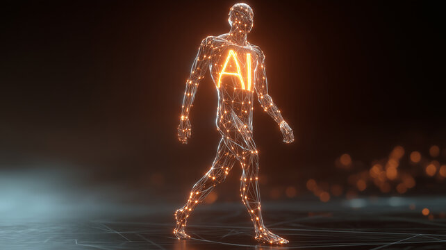 Wireframe human figure walking with an AI symbol on the chest representing human integration with artificial intelligence
