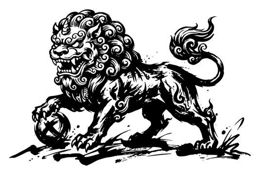 Chinese guardian lion foo dog protecting ball in traditional black ink tattoo style
