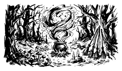 Obraz premium Spooky forest clearing with witch cauldron and brooms among gnarled trees in detailed sketch style
