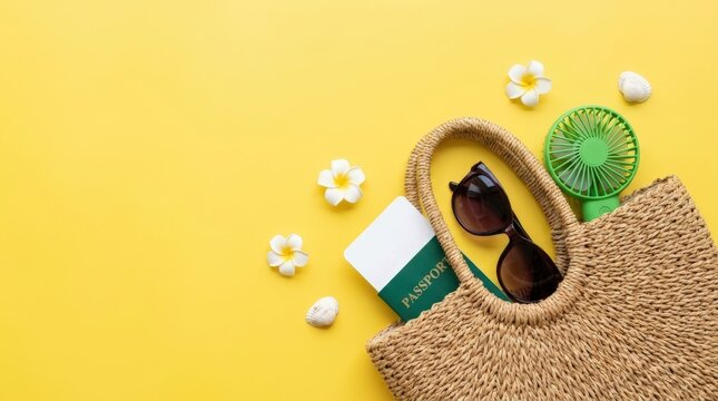 Summer vacation essentials laid out on a bright yellow background.