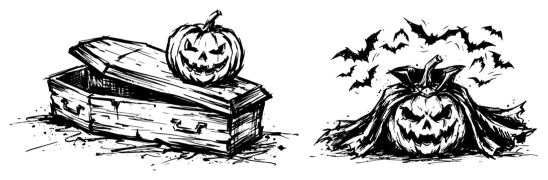 Spooky Halloween scene with pumpkin in coffin and vampire bats in sketchy style