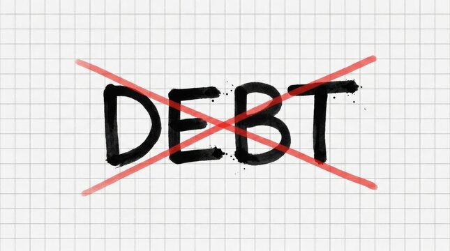 Debt crossed out with red lines on a white grid background symbolizing financial freedom.
