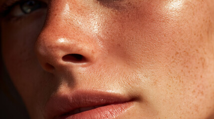Fototapeta premium Close-up portrait of a young woman with freckles and natural makeup, showcasing her smooth skin and bright blue eyes in soft natural lighting