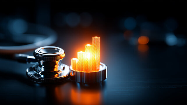 Stethoscope beside rising data bars representing healthcare analytics and medical performance growth

