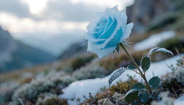 Blue Glacier Rose

Naturally icy blue rose
Tiny frozen dew crystals
Alpine meadow after snowfall
Soft cloudy lighting