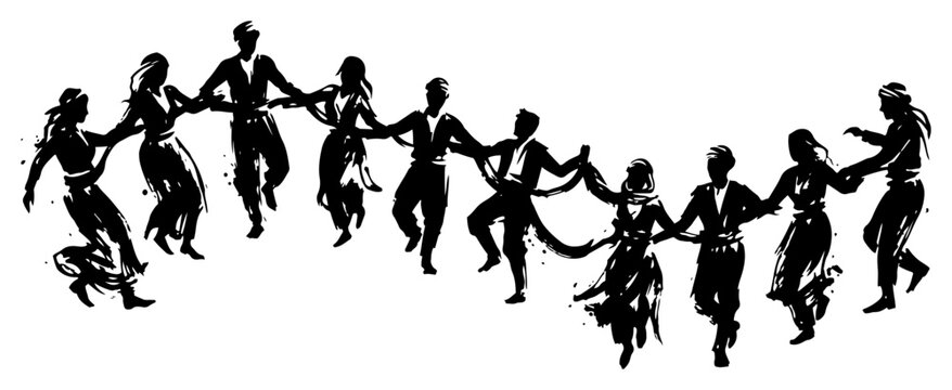 Traditional folk dancers holding hands in a chain formation in expressive ink style