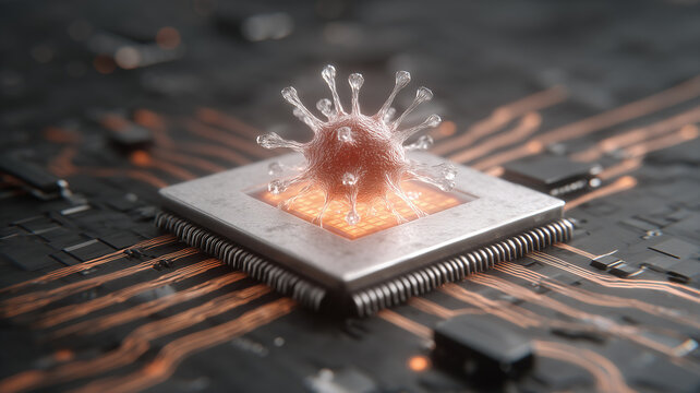 Virus emerging from a microchip representing malware infection and digital system vulnerability
