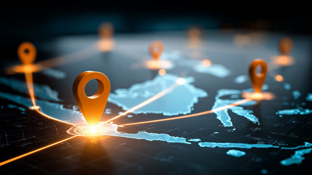Location pins connected across a world map representing global navigation and route planning
