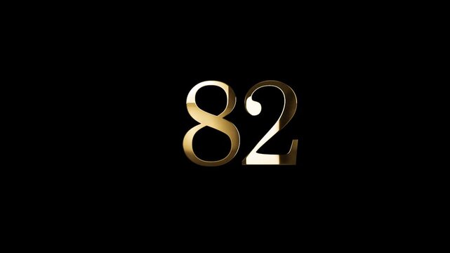 Number 82 in gold style with gold particles and transparent background, eighty two