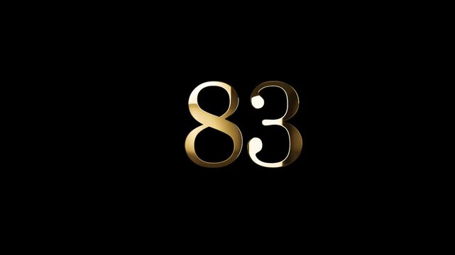 Number 83 in gold style with gold particles and transparent background, eighty three