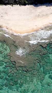 Vertical loopable top down aerial view of a Sardinian beach with turquoise sea, white sand and Mediterranean coastal landscape creating a seamless travel background.