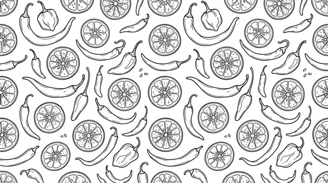 Hand drawn seamless pattern with chili peppers and citrus fruit slices in black and white sketch style