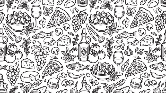 Hand drawn seamless pattern with Italian food ingredients pizza pasta wine and cheese in sketch style