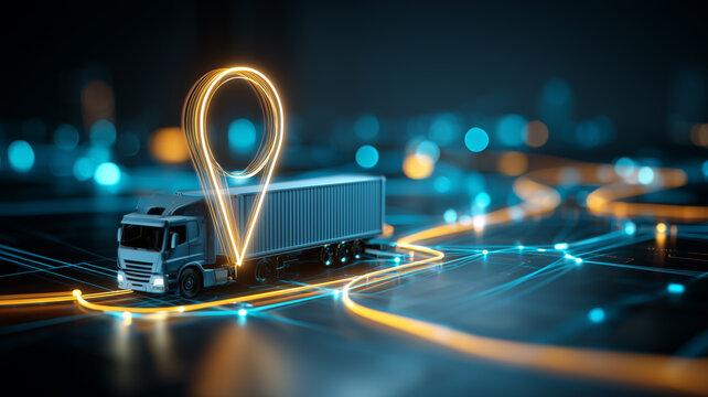 Cargo truck beneath a location pin on connected routes representing shipment tracking and smart logistics
