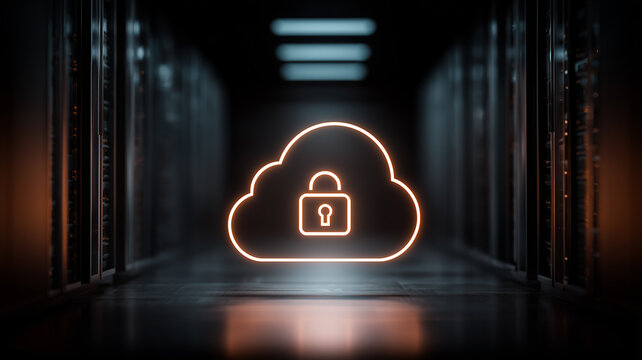Locked cloud icon inside a server room representing secure cloud infrastructure and protected data hosting
