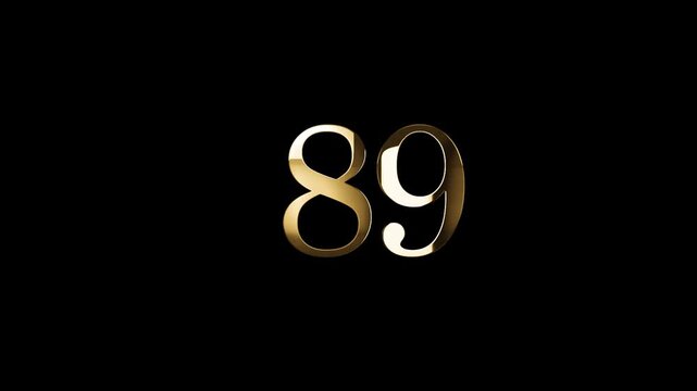 Number 89 in gold style with gold particles and transparent background, eighty nine