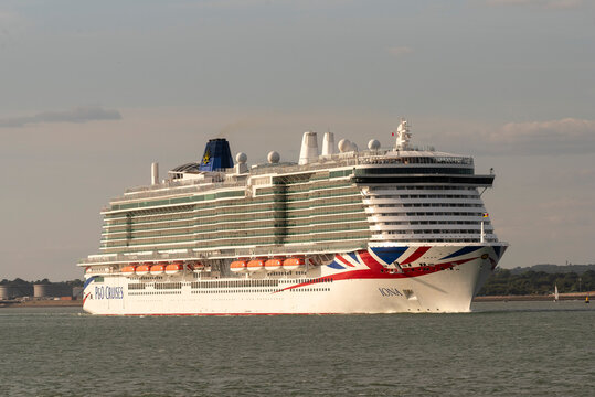 Southampton Water England UK. 01.08.2026. The Cruise ship IONA is a modern passenger vessel navigating the calm Southampton Water England UK