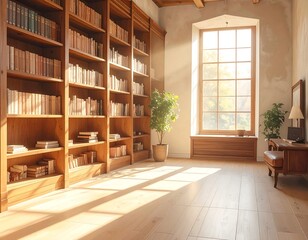 Fototapeta premium Cozy home library with wooden bookshelves. Sunlit reading room interior with natural light.