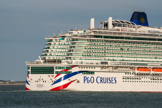 Southampton Water England UK. 01.08.2026. The Cruise ship IONA is a modern passenger vessel navigating the calm Southampton Water England UK