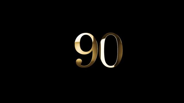 Number 90 in gold style with gold particles and transparent background, ninety
