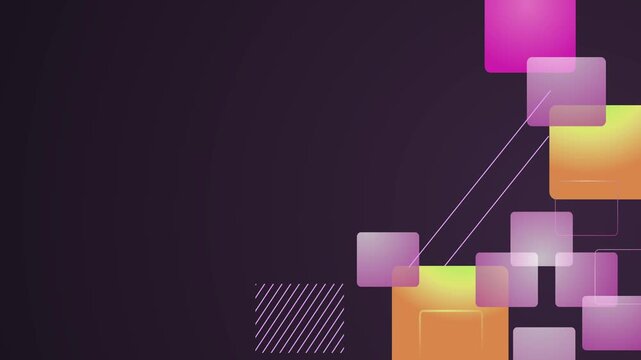 Abstract background with translucent colorful squares diagonal lines and striped accents on the right side animation
