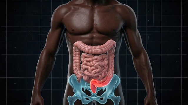 3D transparent anatomical diagram of human rectum, displaying rectal tumor and tissue lesions, sophisticated professional medical scientific rendering