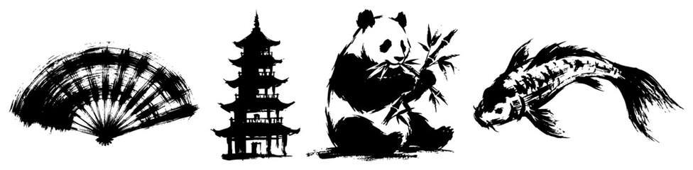 Asian cultural symbols including pagoda temple panda bear and koi fish in traditional ink style © Amelia
