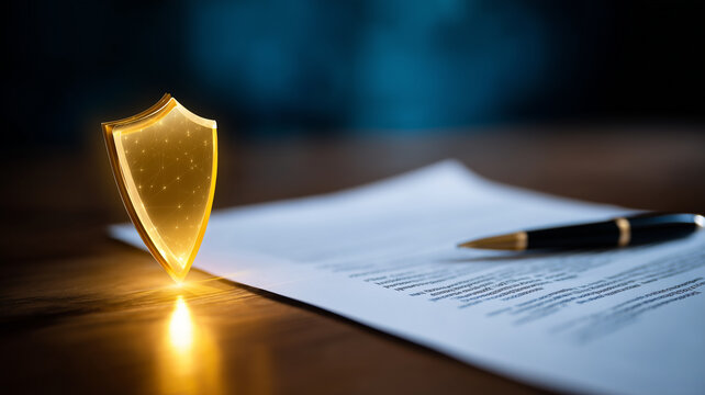 Digital shield beside a document and pen represents contract protection insurance security and legal compliance.
