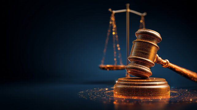 Judge gavel with scales of justice in the background represents legal judgment and judicial authority.
