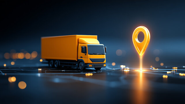 Delivery truck beside a digital location pin illustrating shipment tracking and modern logistics navigation
