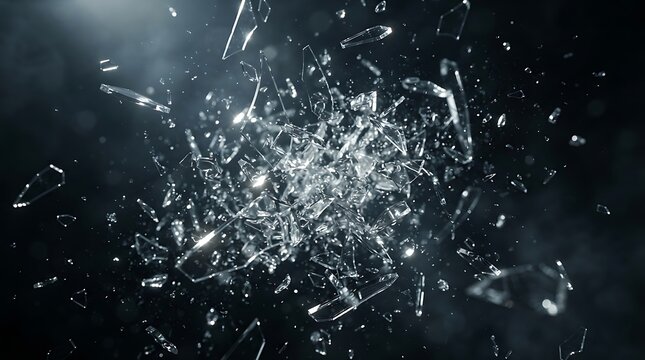 Explosion of shattered glass shards on a dark background dynamic motion of transparent fragments flying in the air, creating a dramatic and abstract effect